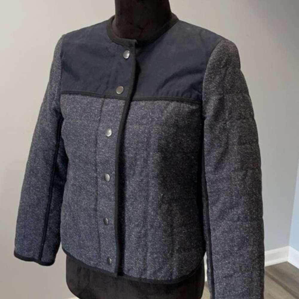 ♥️… J.Crew Quilted Fencing Jacket Navy Blue Herringbone Pattern 6